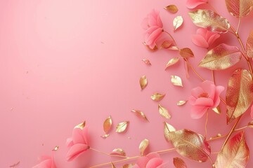 Elegant Pink Floral Arrangement with Gold Leaves on Pink Background, Copy Space Included