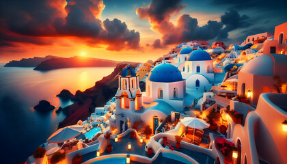 Santorini Sunsets: Iconic Blue Domes & Painted Skies Above, Famous Location Photography Theme - obrazy, fototapety, plakaty