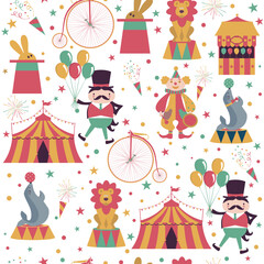 Seamless circus pattern with hat, clown, lion, tent.