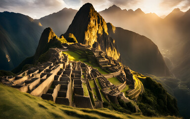 Panoramic view of Machu Picchu at sunrise, ancient ruins, mystical, awe-inspiring heritage site