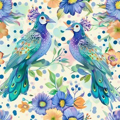 Lovely, pretty watercolor seamless pattern of peacocks and flowers, leaves. For fabric, silk, printing. 
