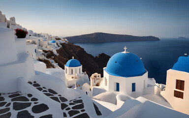 Santorini sunset, white Cycladic houses, bright blue domes, calm Aegean Sea, dreamy Greek island