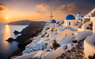 Santorini sunset, white Cycladic houses, bright blue domes, calm Aegean Sea, dreamy Greek island - obrazy, fototapety, plakaty