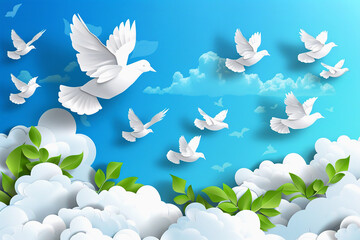 International peace day background with flying dove in blue sky