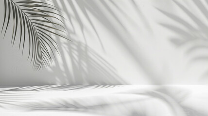 Abstract background with shadow of palm leaf on white wall. - empty space for product presentation.