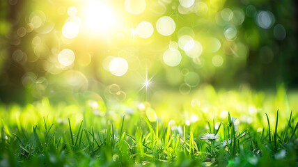 Abstract spring or summer nature background with blurred sunlight and green grass meadow.