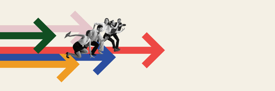 Employees running in front of multicolored line, competing with each other. Contemporary art collage. Pursuit of excellence and achievement in corporate world. Concept of business, competition, growth
