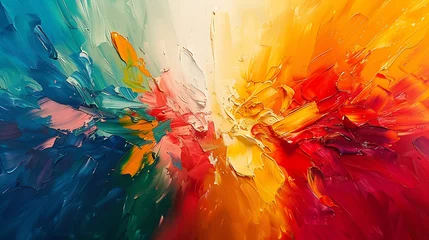Foto op Canvas An abstract explosion of merry and bright colors, with broad, energetic brush strokes in a vibrant palette of red, green, gold, and blue. © HuynhThiThuy