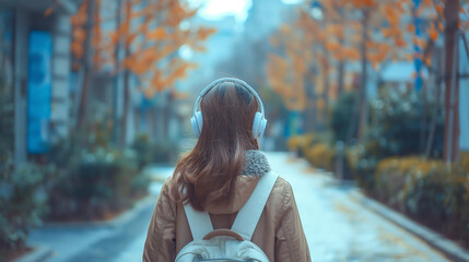 Magazine photography , tilted shot from the back, young girl in light brown hair walking down the modern clean street, listening to music from wireless white head phones