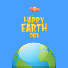 cartoon World earth day greeting card or banner with earth globe isolated on blue sky background. Vector World earth day concept poster illustration with planet Earth isolated on green background