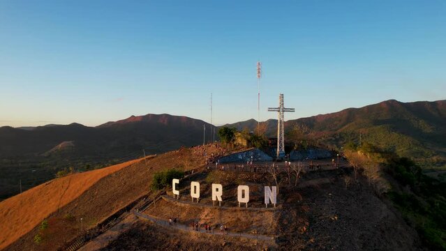 4K Aerial drone video Mount Tapyas at sunset in Coron town, Busuanga, Palawan, Philippines