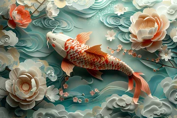Foto op Canvas A large, orange and white koi fish with black markings swims in a clear pond surrounded by pink and white water lilies. © KissZ