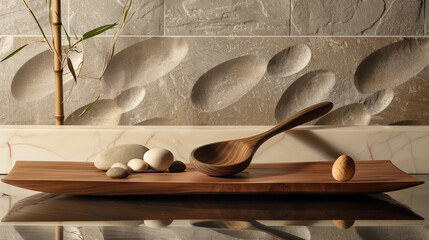 Zen Still Life with Wooden Spoons and Bamboo, Tranquil Minimalist Decor - obrazy, fototapety, plakaty