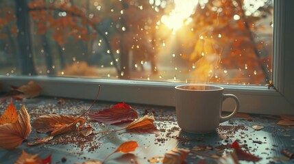 Embracing the crisp air and cozy moments, autumn's arrival brings warmth in every sip of steaming mugs on chilly mornings. - obrazy, fototapety, plakaty