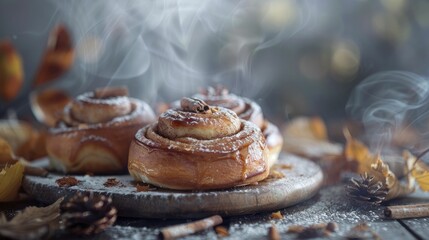 Indulge in the sweet embrace of cinnamon rolls amidst the tranquil morning fog, a sensory symphony heralding autumn's arrival. - obrazy, fototapety, plakaty