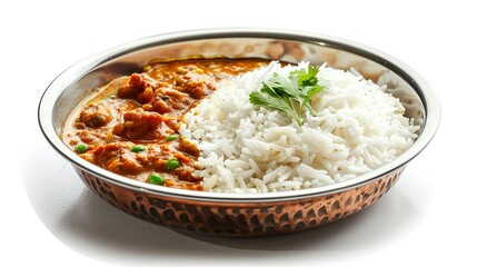 Indian curry dish, vibrant and spicy, served with rice, isolated on white, half curry half rice.