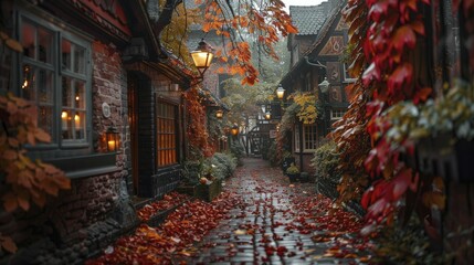 Exploring the city's cobbled streets under lantern lights evokes the sweet nostalgia of autumn walks. - obrazy, fototapety, plakaty