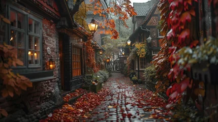 Poster Exploring the city's cobbled streets under lantern lights evokes the sweet nostalgia of autumn walks. © Manyapha