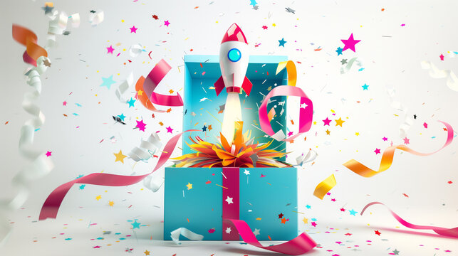 Celebratory Rocket Launch from Gift Box, Creative Celebration Concept