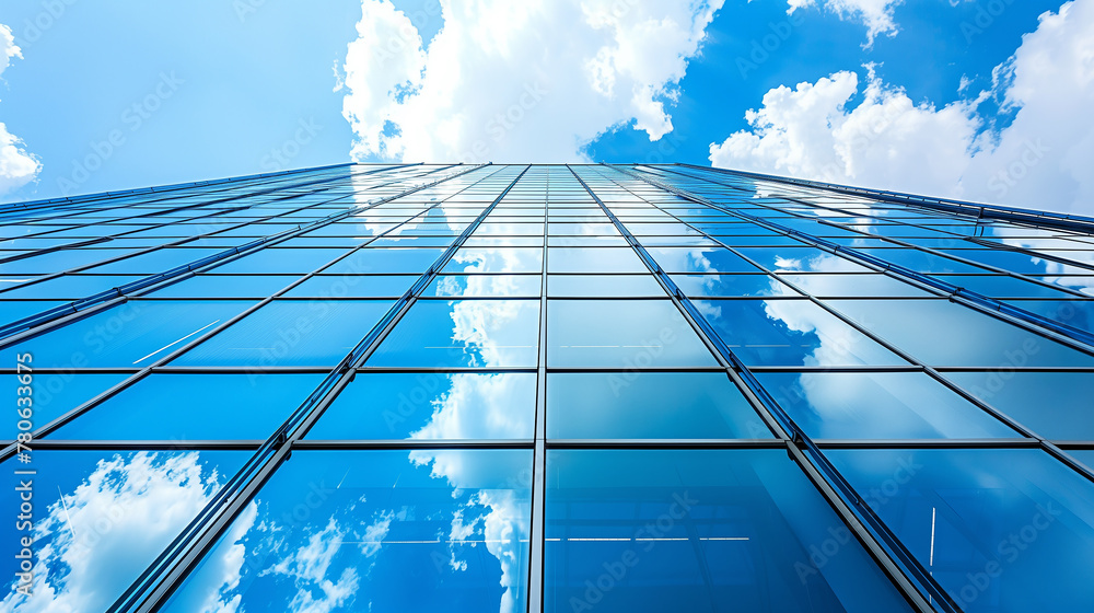 Poster a tall building with many windows and a blue sky in the background. the sky was clear and sunny. and