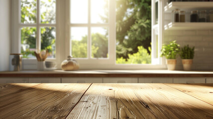 Empty wooden desk in the kitchen.