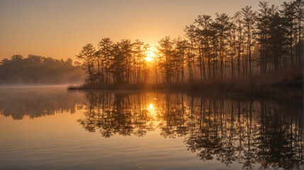 Obraz premium Tranquil Dawn: Sunrise Reflections on Lakeshore