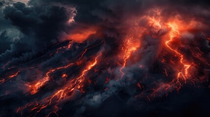 Fototapeta na wymiar Volcanic lightning burning lava