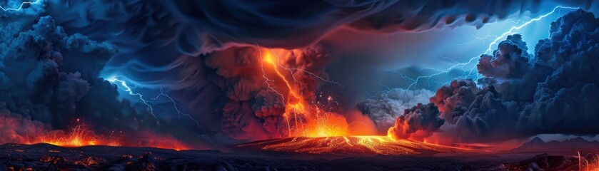 Volcano's wrath, burning lava meets lightning, dense clouds, night, high contrast, thrilling, digital photography - obrazy, fototapety, plakaty