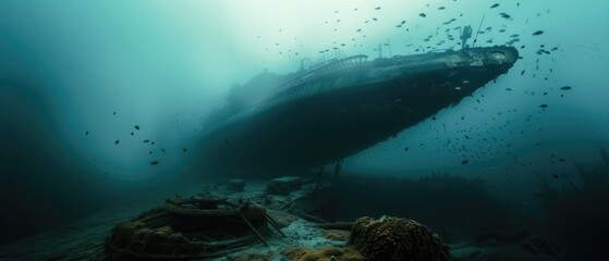 Alien craft undersea near a shipwreck schools of fish investigate - obrazy, fototapety, plakaty