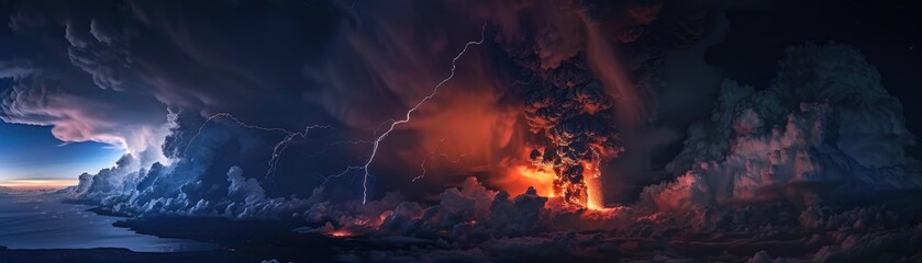 Volcano's wrath, burning lava meets lightning, dense clouds, night, high contrast, thrilling, digital photography