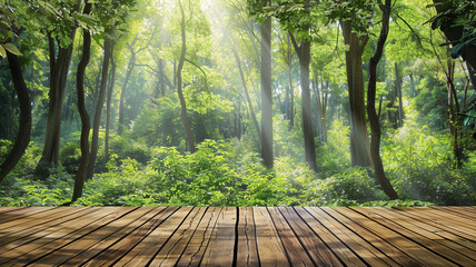 Green forest with trees and wooden floor background