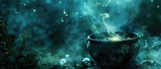 Mystical witch cauldron bubbling with potion - obrazy, fototapety, plakaty