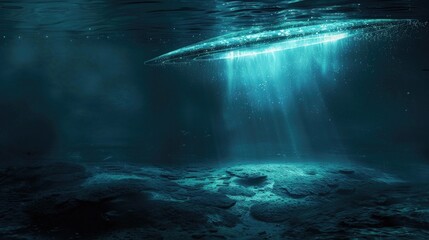 UFO exploring deep ocean bioluminescent fish trail - obrazy, fototapety, plakaty