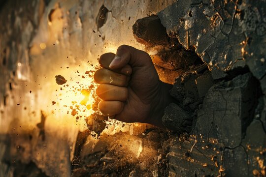 Unstoppable fist through crumbling wall dust swirls