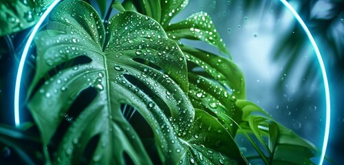 Fototapeta premium A close-up view of exotic tropical leaves with droplets of water, highlighted by a glowing blue neon circle.
