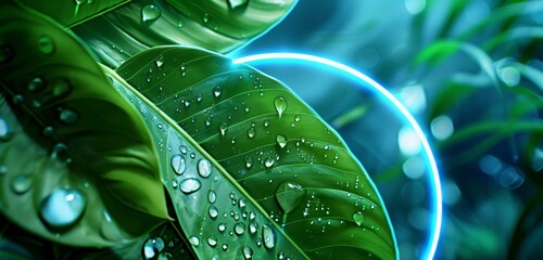 A close-up view of exotic tropical leaves with droplets of water, highlighted by a glowing blue neon circle. - obrazy, fototapety, plakaty