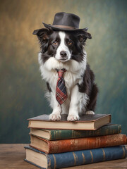 cute border collie dog portrait standing on books, wearing a tie and hat