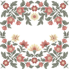 Postcard or poster made from folk art elements. Folk vector illustration, floral frame on white background. Hand drawn folk flowers. Traditional motif