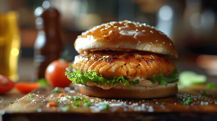 Choice of grilled chicken, salmon, or veggie sandwich on a bun for a satisfying lunch