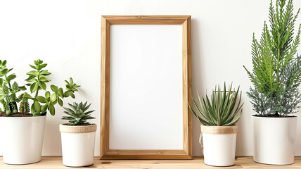 A mockup of an empty brown frame on the table and different plants in pots - obrazy, fototapety, plakaty