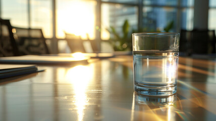 Glass of water on the table in the conference room in the morning - obrazy, fototapety, plakaty
