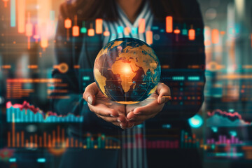 Fototapeta premium Close-up of a businesswoman's hands holding a glowing globe, symbolizing global business strategies and sustainability, with charts and graphs projected in the background