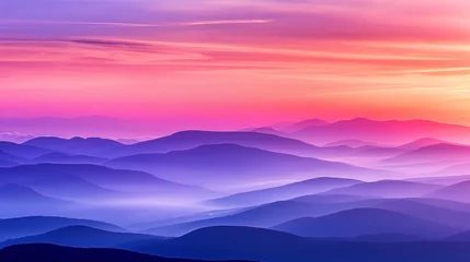 Fotobehang a minimalist landscape capturing the serene beauty of rolling mountains under a sunrise , light orange purple sky, contrasted with a dynamic © Jirut