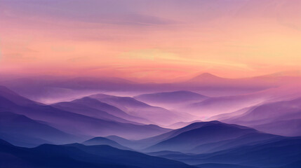 a minimalist landscape capturing the serene beauty of rolling mountains under a sunrise , light orange purple sky, contrasted with a dynamic