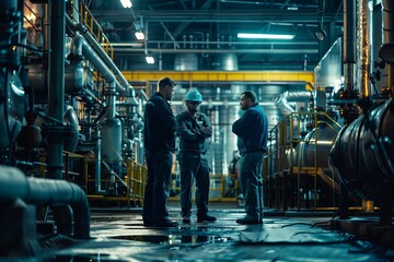 Men in a factory discussing Water, Gas, Engineering, and Machines
