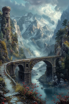 Digital art - Painting of a bridge over a river. Mountains in the background
