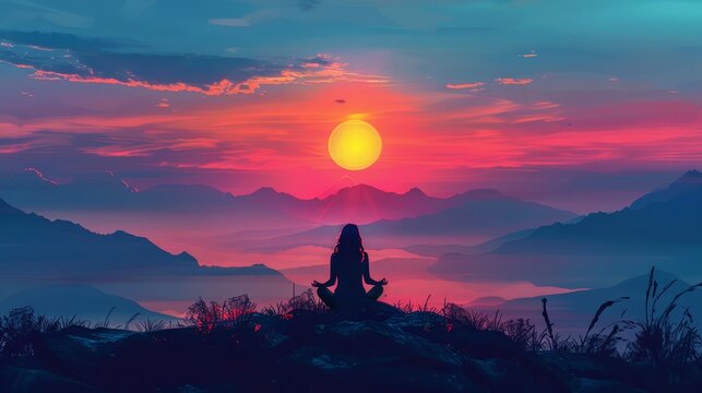 Sunrise, a meditating woman sitting on the lotus pose, in the style of beautiful colors.