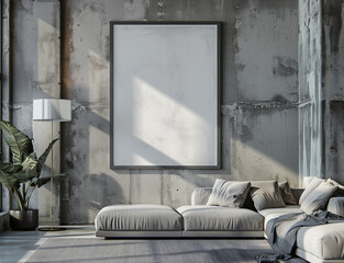 loft living room, with empty blank mock up poster frame with copy space. Black leather sofa, concrete walls, metal lamps, plants