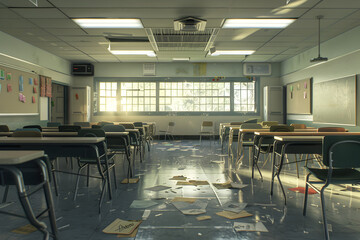 Sunlight streams through the windows of an empty classroom with wooden desks, casting a warm glow over the peeling walls and scattered papers on the floor.