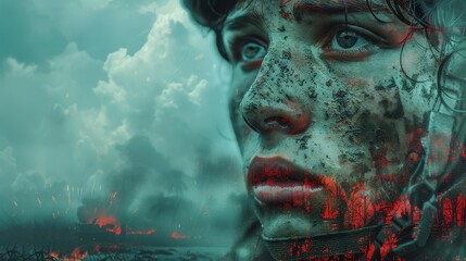 A double exposure of a soldier's face superimposed over a battlefield scene. - obrazy, fototapety, plakaty